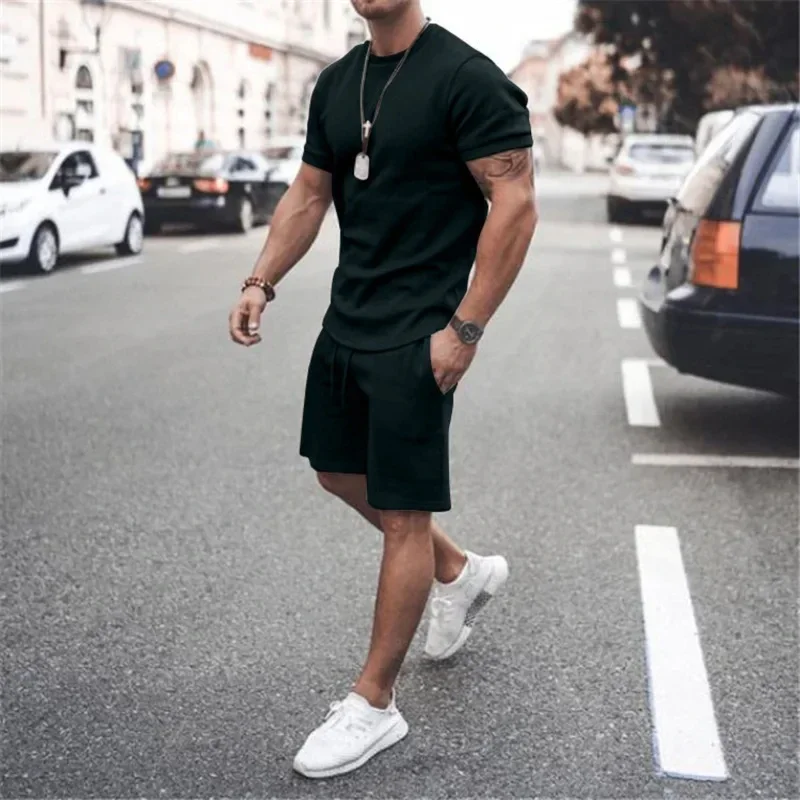 Effen Kleur Europa en De Verenigde Staten mannen 13 Kleur Zomer Nieuwe Korte Mouw T-shirt + Shorts 2 stuks Set vrijetijdssport Mannen Pak