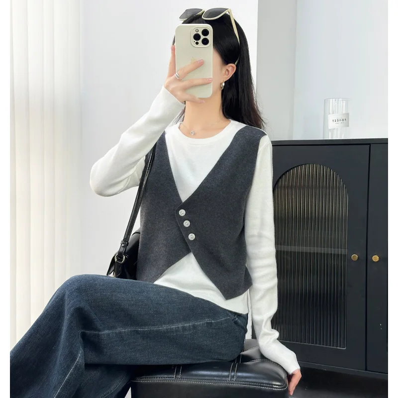 

Женский вязаный свитер Real Shot из двух частей, топ с длинными рукавами, жилет для верхней одежды, лоскутный свитер, базовая рубашка, осень