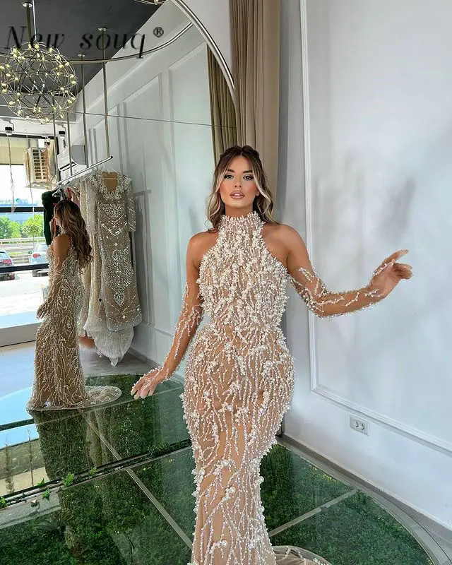 Arabic Nude Champagne High Neck Evening Dresses Pearl Sequins Mermaid Celebrity Prom Gowns Customize Night Party Vestidos 2024