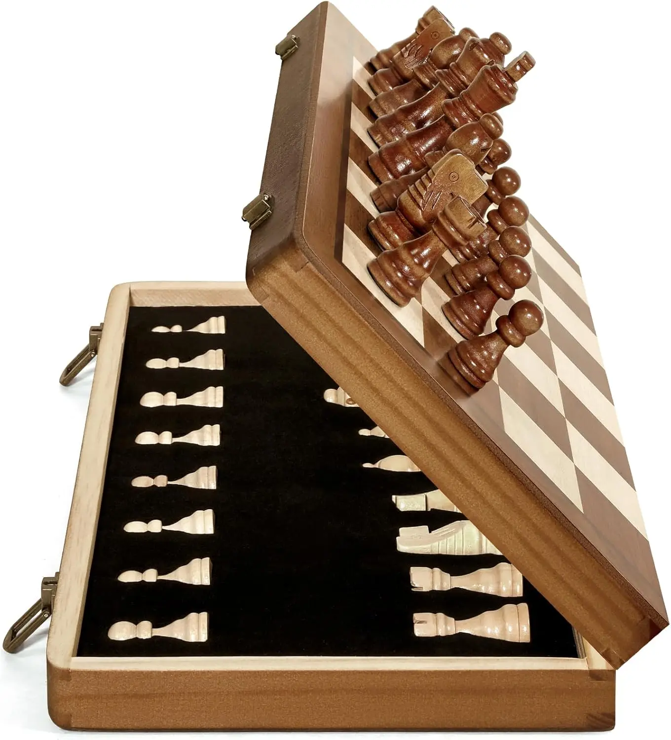 

Magnetic Wooden Chess Set with 2 Extra Queens, 15'' Folding Travel Chessboard, Storage Slots, for Adults & Kids Ages 6+, DUR-001