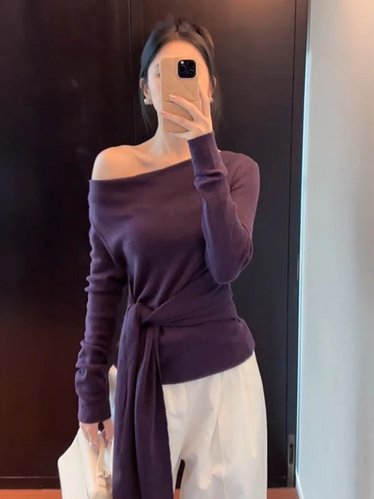 

Фиолетовый вязаный облегающий женский топ с поясом, осенне-зимний, новый, универсальный, повседневный, подходит для прогулок