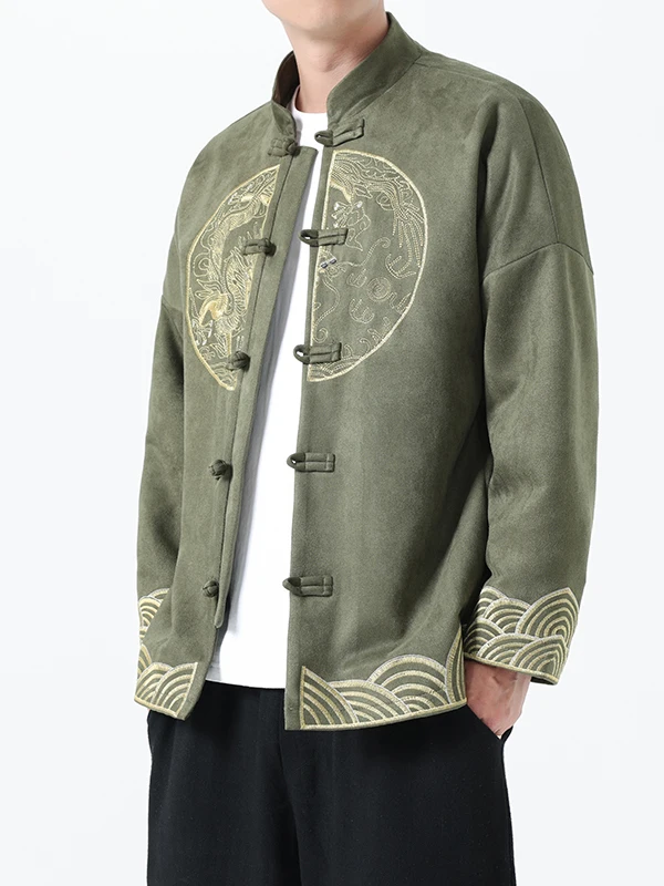 

Military een Suede Jaet Men's Autumn Winter Wind Tang Suit Outerwear High-End Embroidery Zen Tea Costume M Jaet