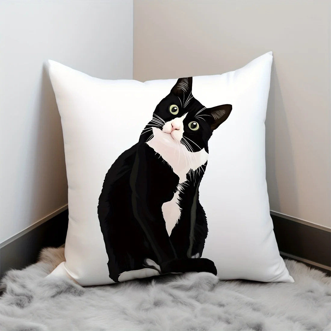 Realistic Black Cat Painting Pillowcase for Car Interior Cushion Cover,Home Decor Pillow Without Insert, Single-Sided Print.