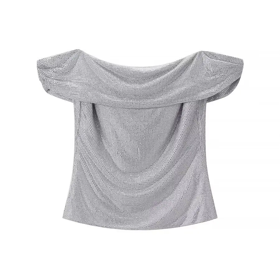 여성 오프숄더 탱크탑 2026 여름 신상 시크 섹시 반팔 반짝이 실 탑 여성용 홀로우 아웃 우아한 화이트 탑