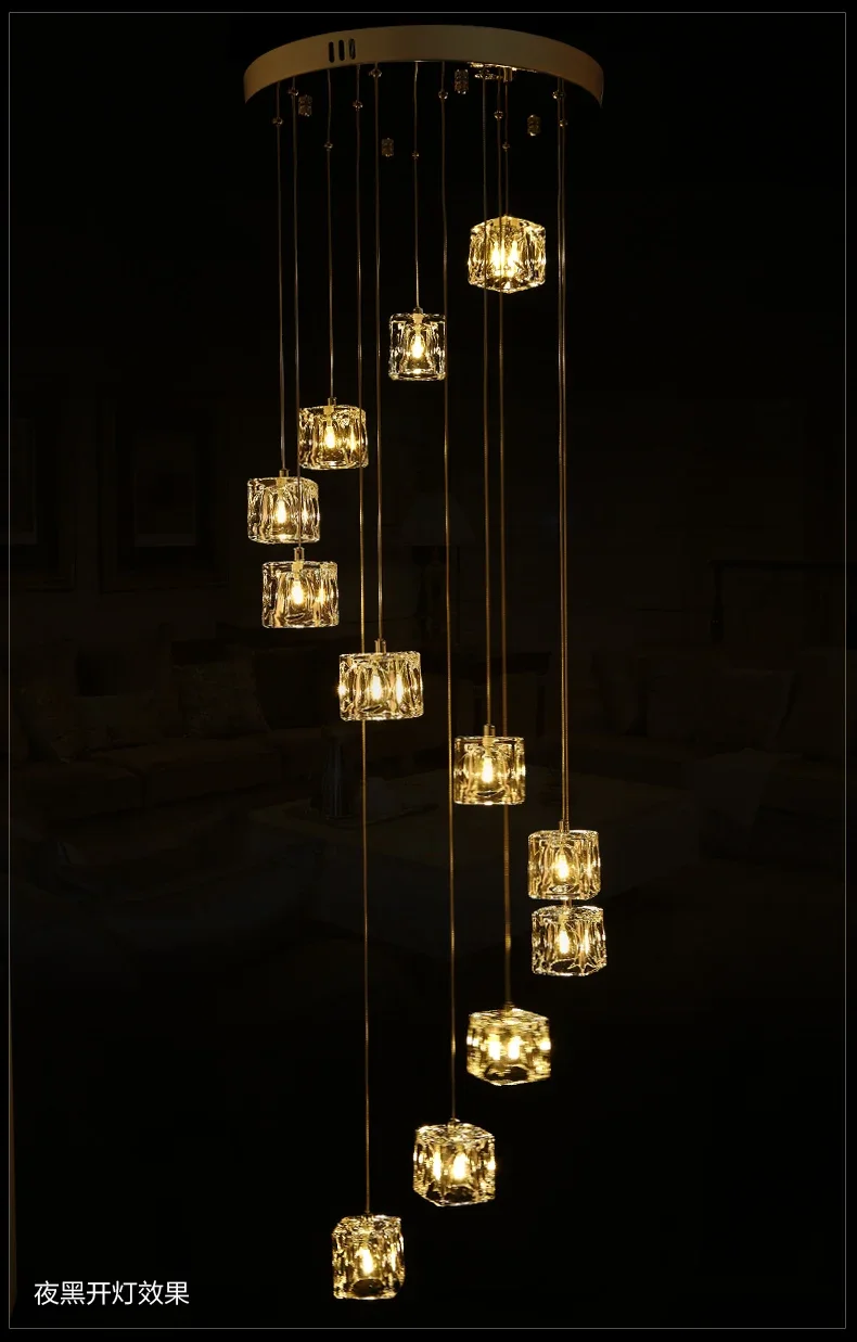 Hotel stairway 1-5M Extra long light fishing hanging Suspension light Cube Glass G4 Led chandelier fixture spiral crystal light