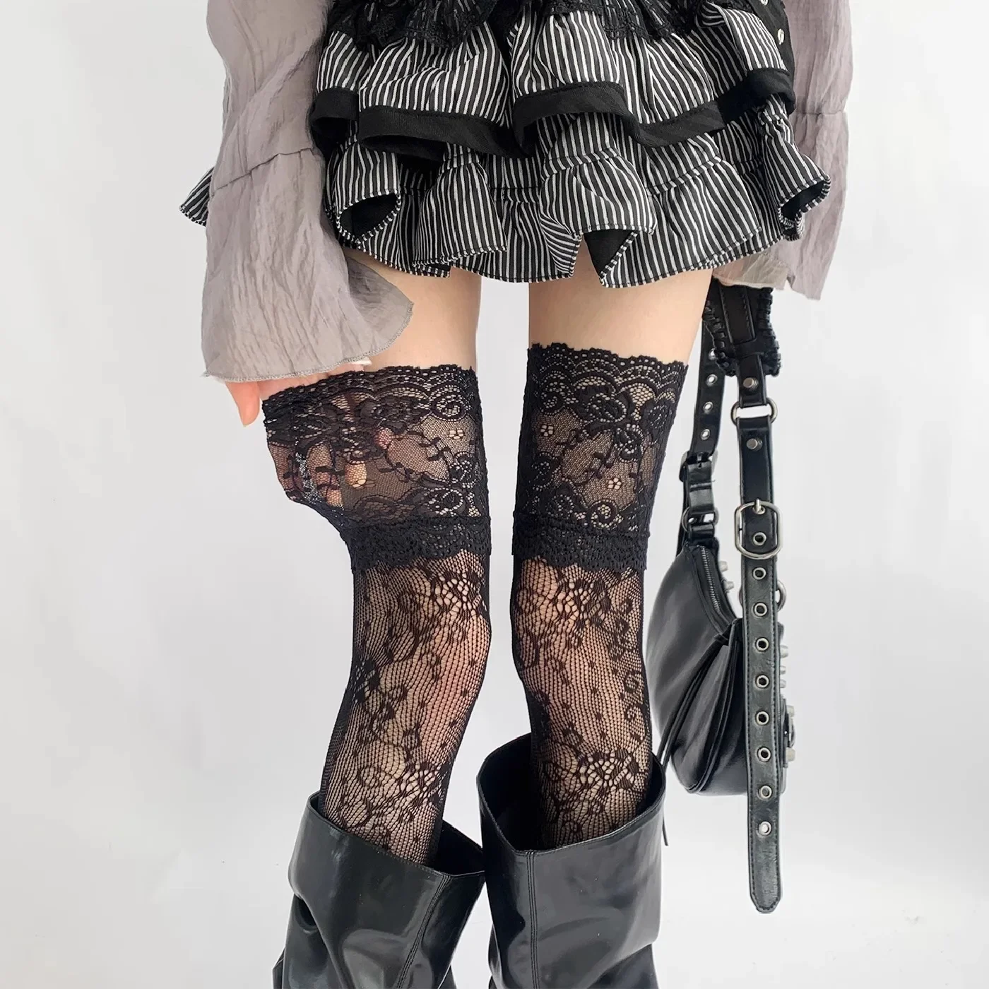 Spring Summer Ultra-thin Sexy Lace Stockings for Women Thin Grey Knee High Stockings with Hollowed Out Lace JK Boots Cute Match