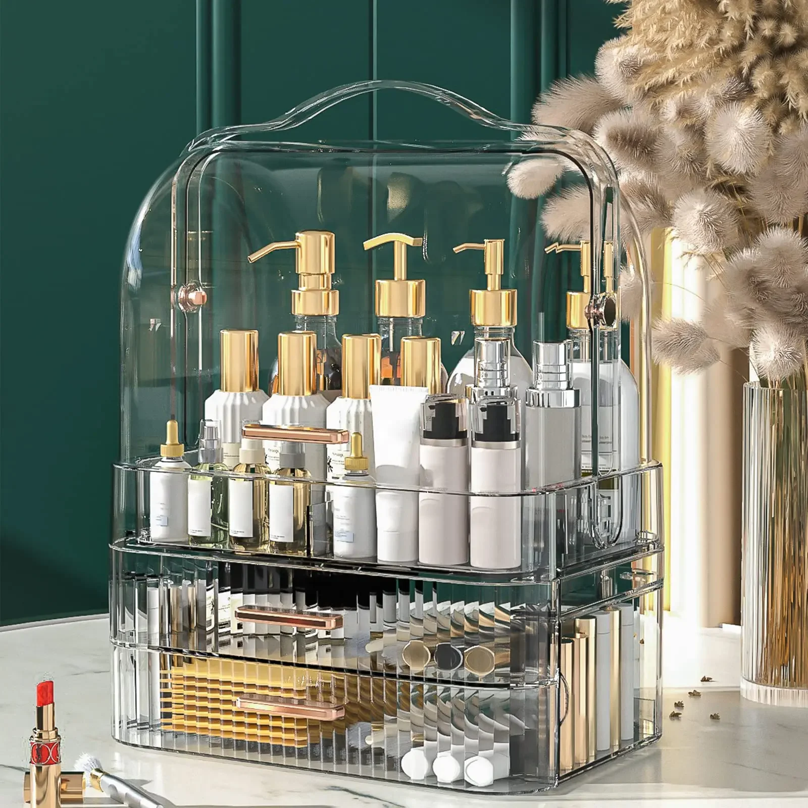 

Cosmetics Storage Box Clear Lid Large Makeup Organizer Box Drawers Portable Handle Skincare Display Cases for Bathroom Dresser