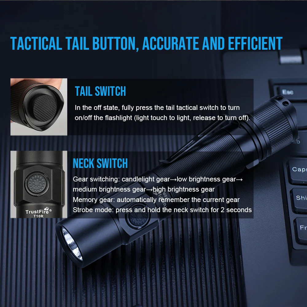 Trustfire T10R LED Flashlight 1800 High Lumens Rechargeable Flashlights 5 Modes Super Bright IP68 LED Tactical Flashlight for Camping, Home, Emergency, Rescue, Hunting, Inspection, Repair, Tool Gifts for Men