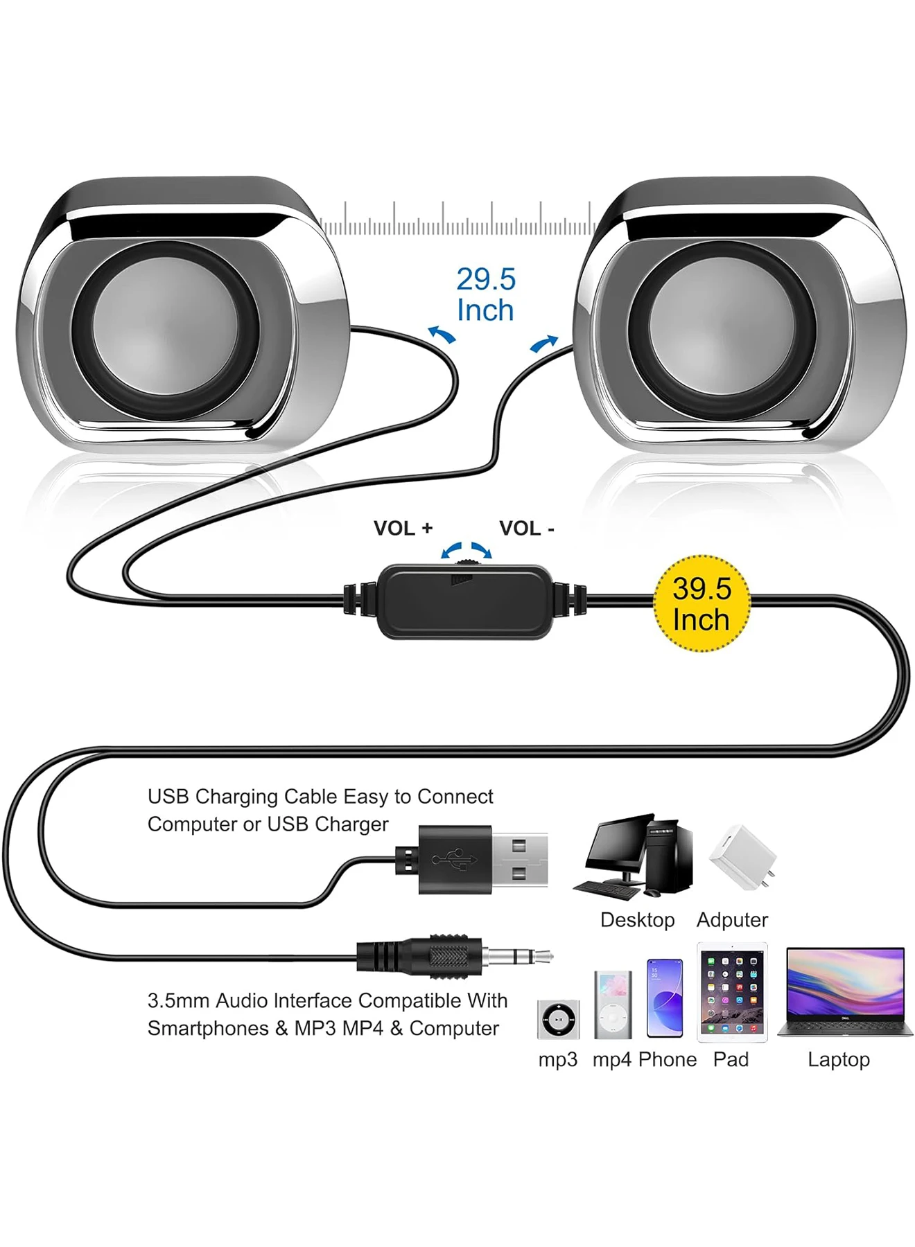 Computer Speaker - Compact and Delicate Laptop Speakers with Volume Control and 3.5 Mm Audio Plug, USB-Powered Desktop Speaker