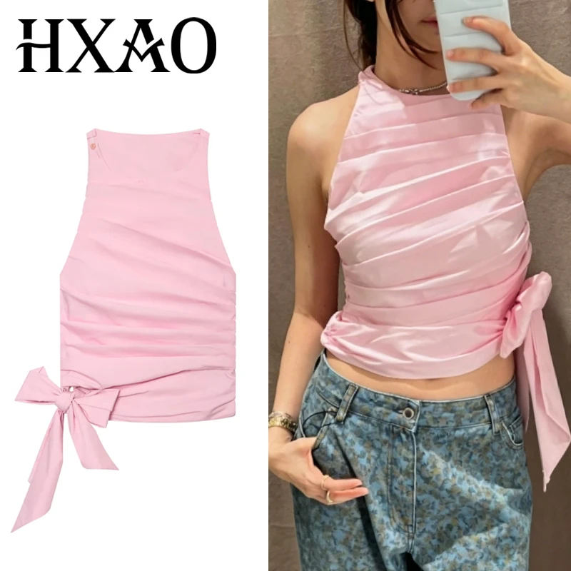 HXAO Pleats Halter Tops For Woman Crop Sleeveless Tank Top Summer Female Pink Asymmetric Off Shoulders Vest Chic Going Out Top