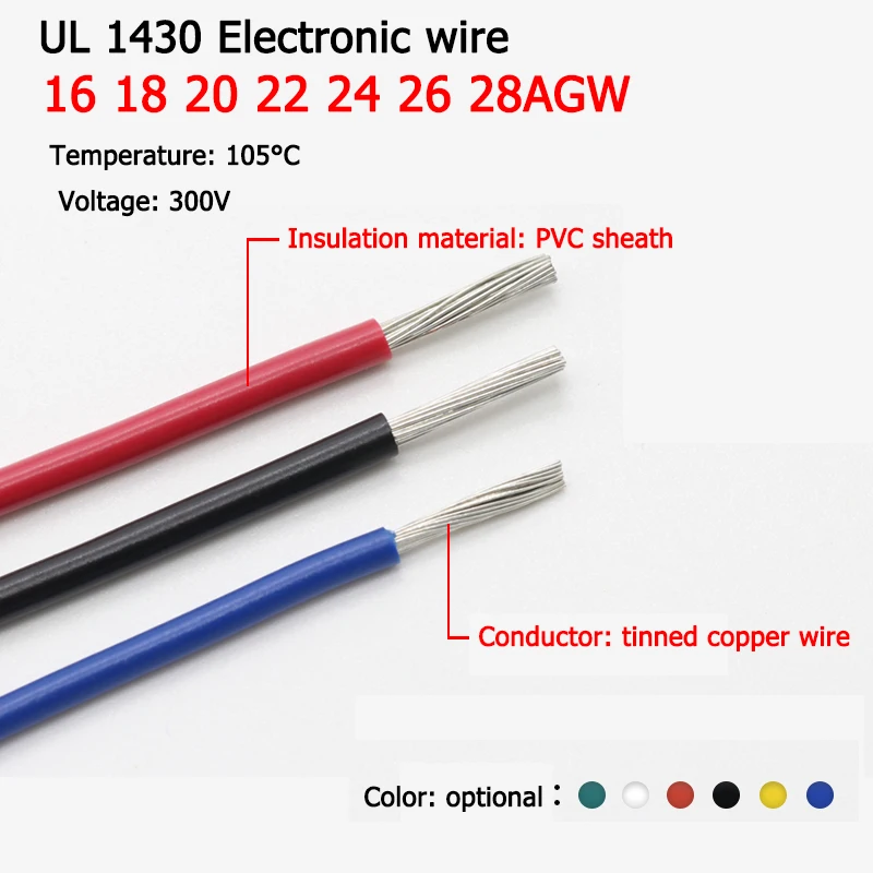 1Meter UL1430 Electronic Wire PVC Insulated 18 20 22 24 26 28AWG Multicolor Tinned Copper Electrical Equipment Cable