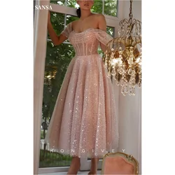 Sansa Elegant Pink Off Shoulder Prom Dress Tulle Glitter Beaded Party Dresses A-line Fishbone Ankle-Length vestidos de fiesta