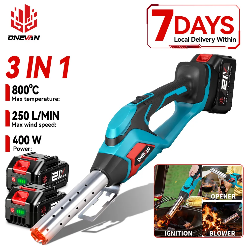 ONEVAN 800 ℃ Soffiatore ad aria calda senza fili da 400W, pistola termica elettrica multifunzione per uso domestico, utensile elettrico 3 in 1 compatibile con batteria Makita 18V.