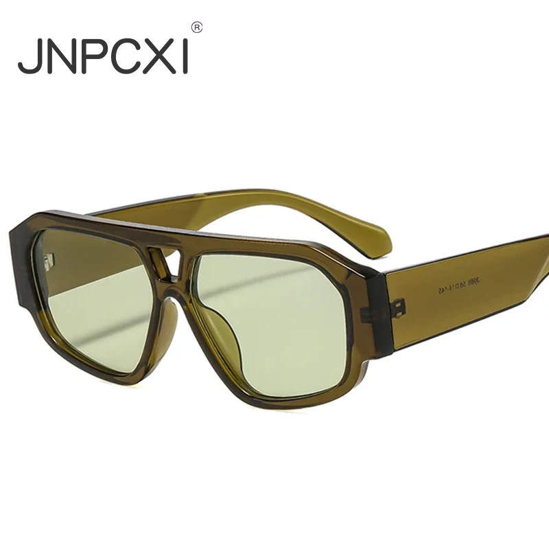 JNPCXI Modische Doppelbrücken-Polygon-Quadrat-Sonnenbrille für Damen, grüne Gläser, UV400, Herren-Sonnenbrille