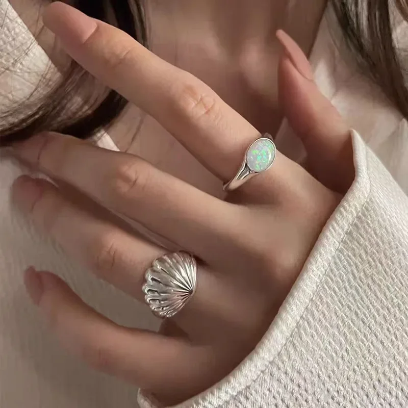 Shell Opal Stone Cuff Rings For Women Girl 2024 New Trend Fashion Personalized Vintage Jewelry Ladies Gifts Party anillos mujer