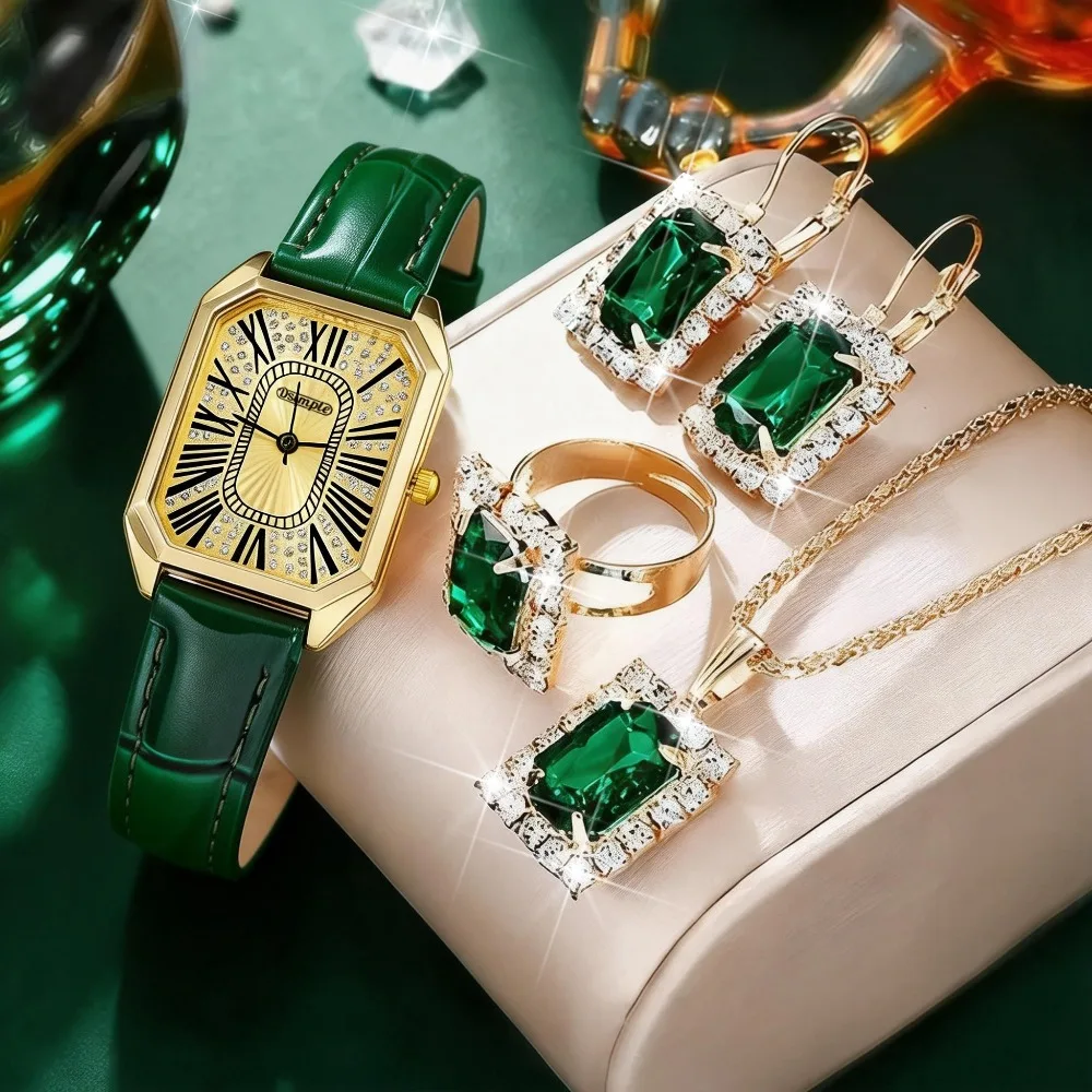 5-Piece Women's Watch & Luxury Jewelry Set | Fashion Quartz Watch with PU Leather Strap | Ideal Gift for Wedding,Valentine's Day