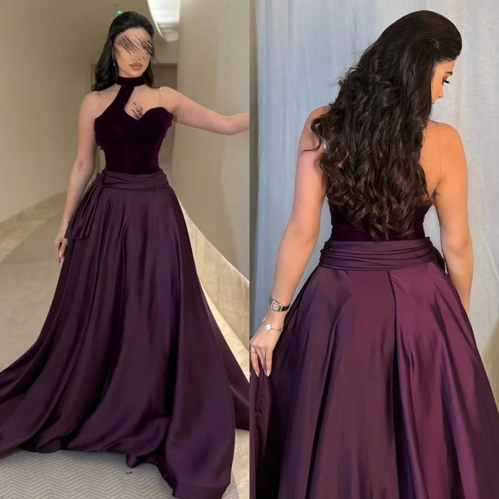 

Customized Sexy Fashion Pleat Draped Sash A-line Halter Long Dresses Bespoke Occasion Dresses Matching Classic Modern Style