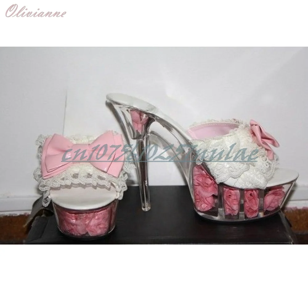 

Pink Hollow Rose Flowers Platform Slippers Front Butterfly Knot Decor Stiletto High Heels 15CM Fashion Shoes for Women Party