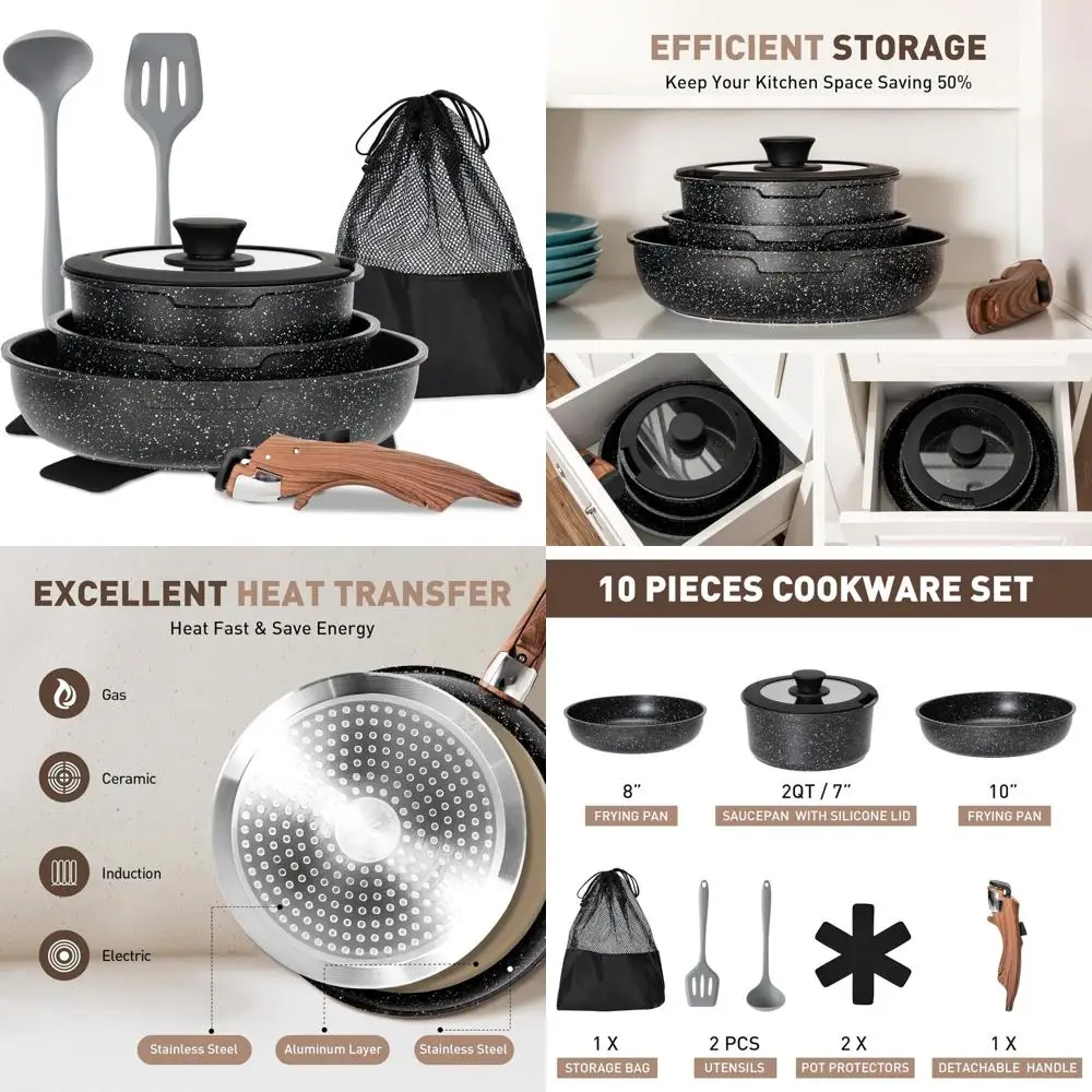 

10-Piece Nonstick Black Granite Detachable Handle Cookware Set, Stackable Induction Pots and Pans