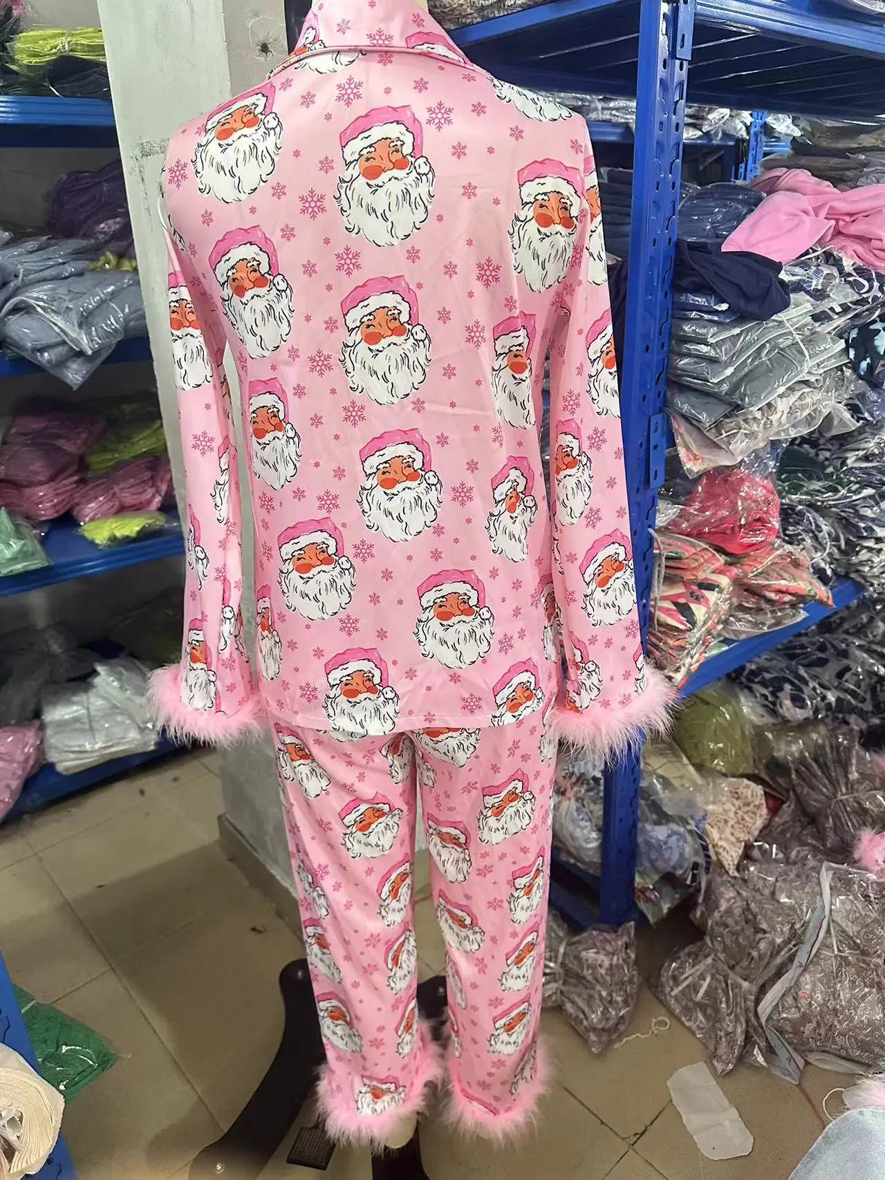 Pink Christmas Suit Slumber Party Costume Xmas Cosplay Pajamas Set Two Piece Santa Claus Pattern Dress Up Adult Clothing