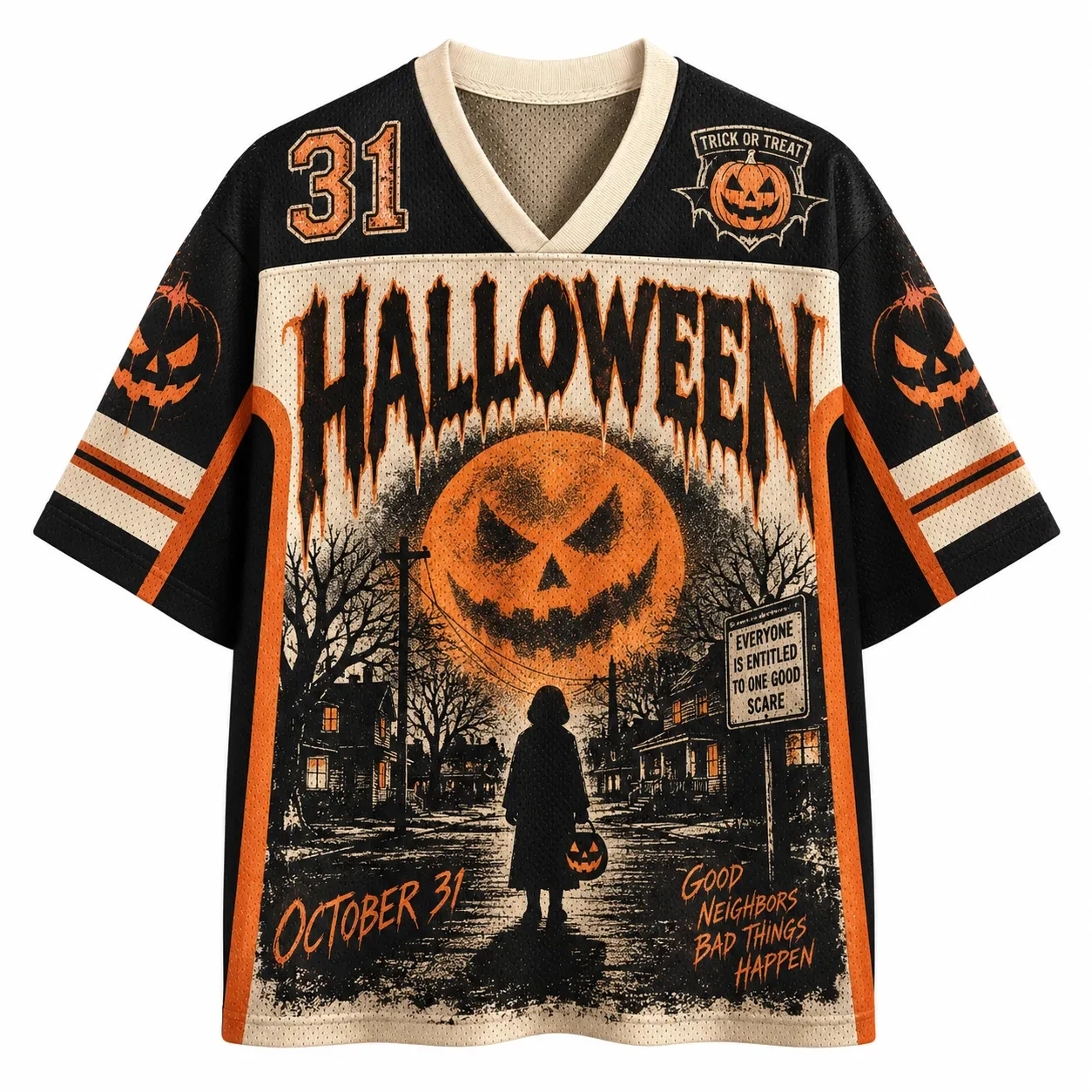Halloween Jersey, Jack-o'-lantern Pumpkin Moon Spooky Street Trick or Treat 3D Print V-Neck Unisex Streetwear for Trick or Treat