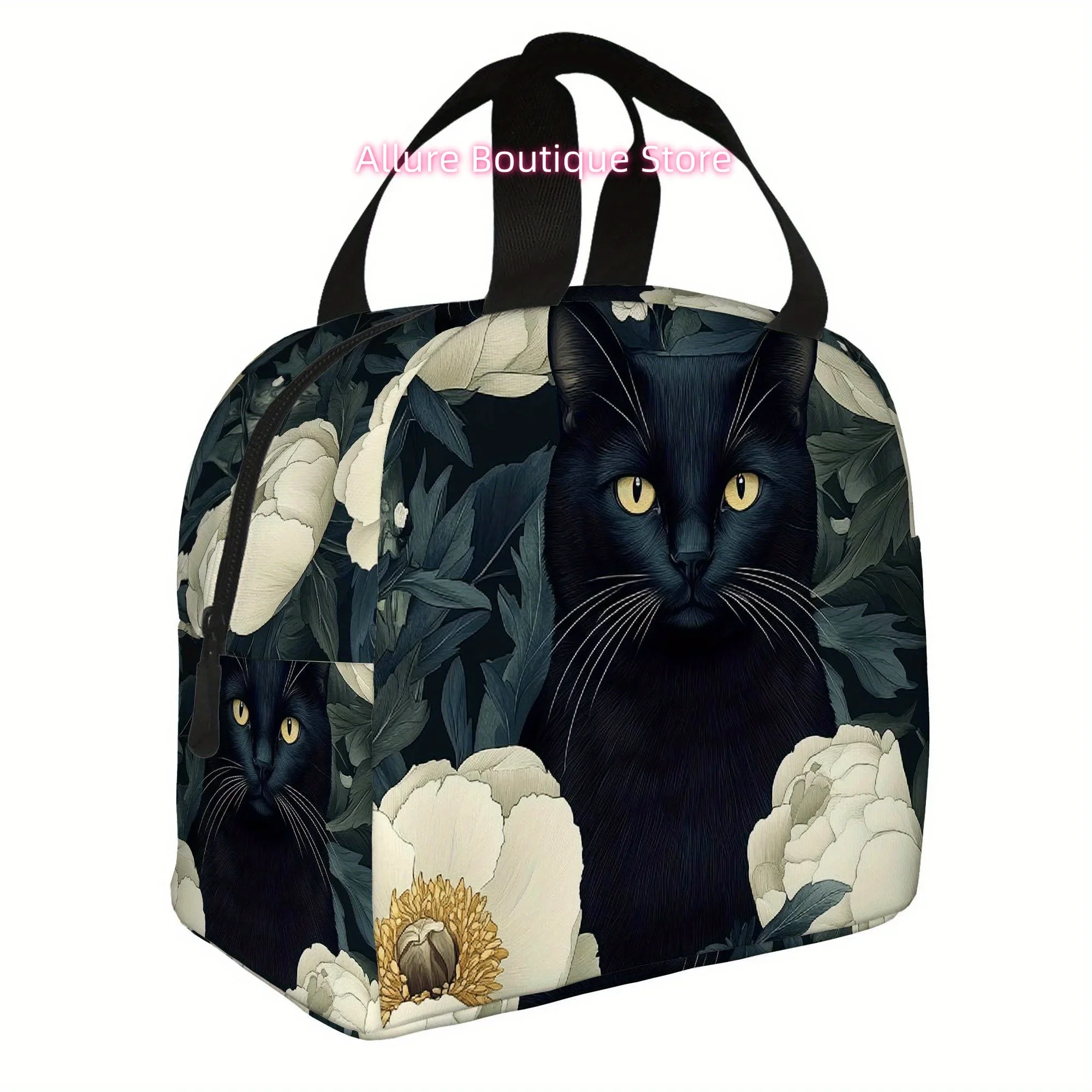 1pc, a Black Cat Encircled by White Blossoms. A Printed Thermal Bag That Is Insulated And Not for Food Contact, Ideal for Home,