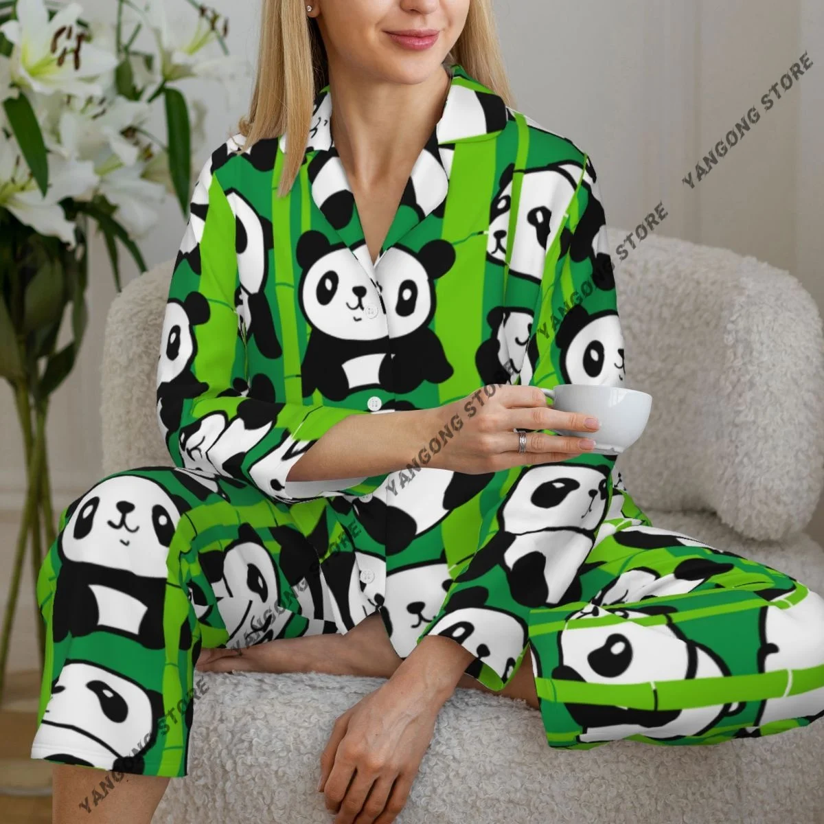 Spring and Autumn Pajama Set Women's Long Sleeve Pants Two Piece Cute Panda And Bamboo Home Furnishing Set