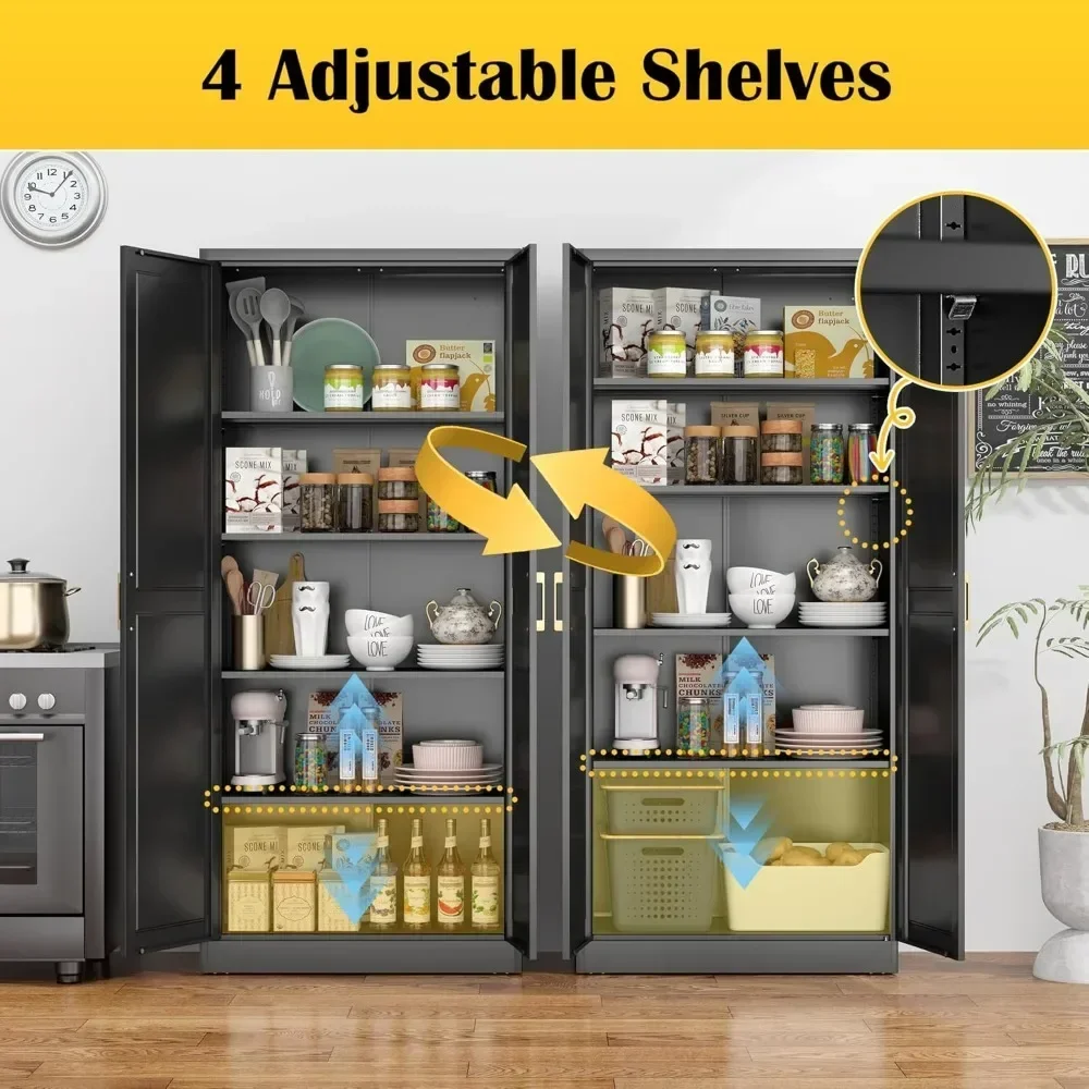 خزانة مخزن المطبخ، خزانة تخزين مخزن معدنية سوداء مقاس 71 بوصة مع أبواب و4 أرفف قابلة للتعديل، خزانة مطبخ مع 2 هان ذهبي