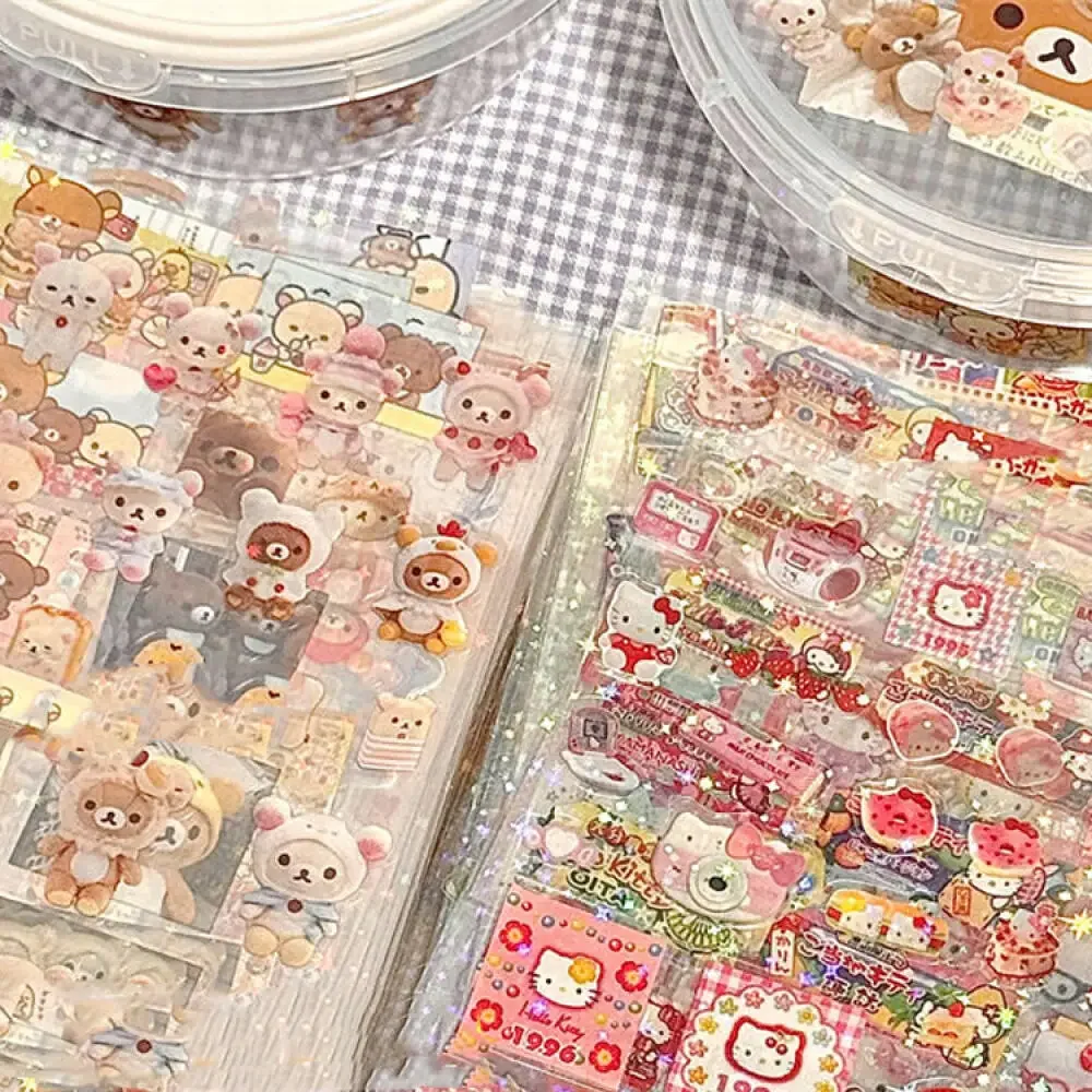 5pcs Hello Kitty Rilakkuma Cartoon Die-cutting Sticker Cute Kitty Cat Flashing Laser Stickers Anime Handbooks Material Stickers