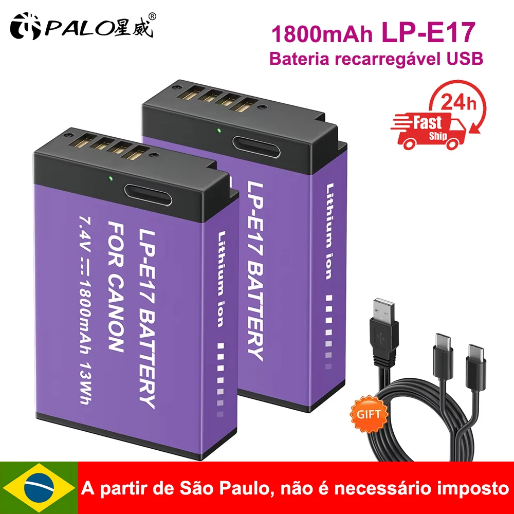 Bateria PALO LPE17 LP E17 LP-E17 com entrada USB-C para Canon EOS RP 200 250D M3 M5 M6 750D 760D R10, R8, R50, Rebel T8i 200D