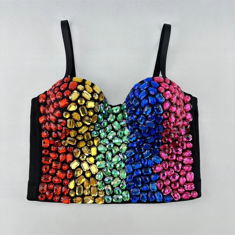 New Multicolor Colorful Sequins Beaded Bustier Stage Bouncer Mecha Wind Corset Wear-Free Underwear Hot Girl Clothing