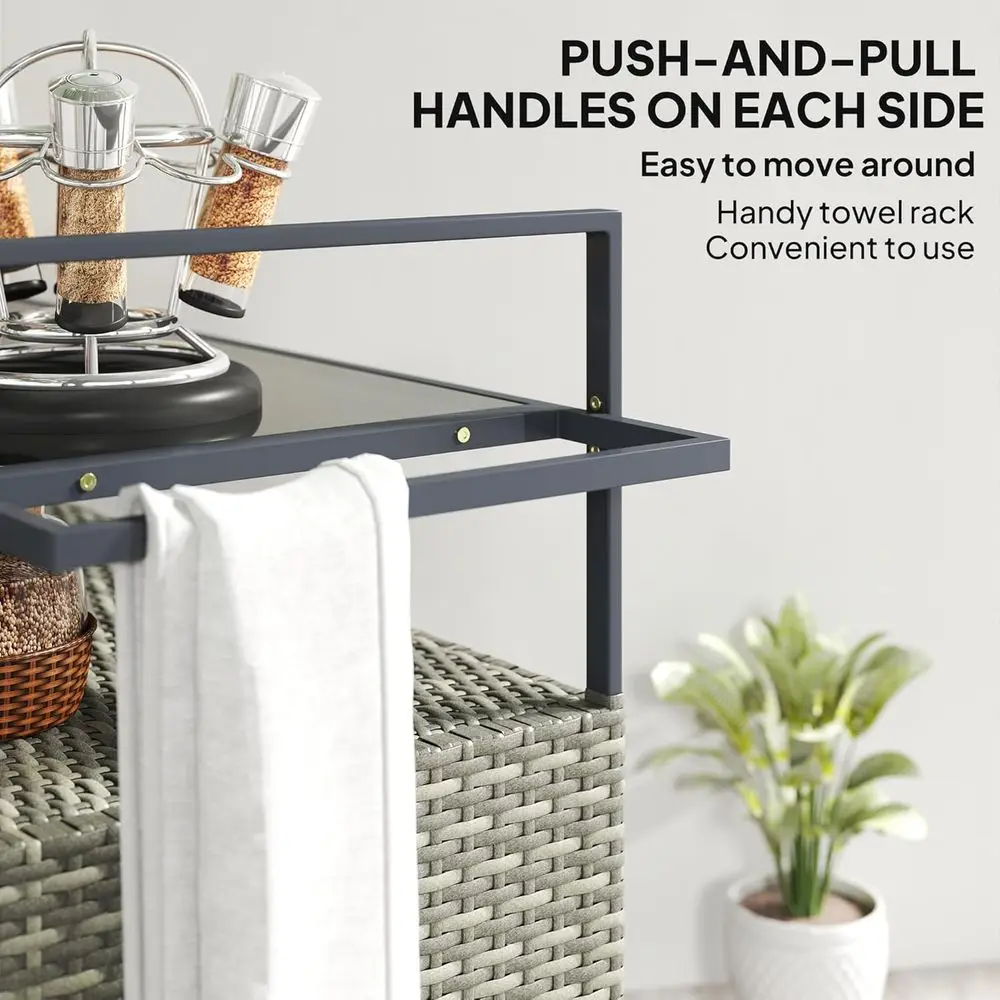 PE Rattan Outdoor Storage Cabinet, Wicker Outdoor Bar Table Kitchen Island with Wheels & 2-Tier Shel, Patio Serving Cart with Gl view 6