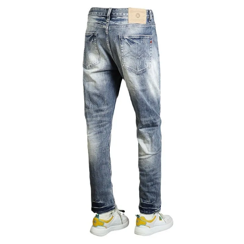 Fashion Vintage Men Jeans High Quality Retro Washed Blue Stretch Slim Fit Ripped Jeans Men Italian Style Designer Denim Pants