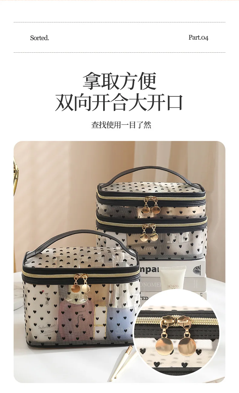 Doppelschichtige schwarze Mesh-Kosmetiktasche für Reisen, tragbar, großes Fassungsvermögen, Make-up-Koffer, Organizer, Aufbewahrungstasche, Kulturbeutel mit Reißverschluss – Detail 7
