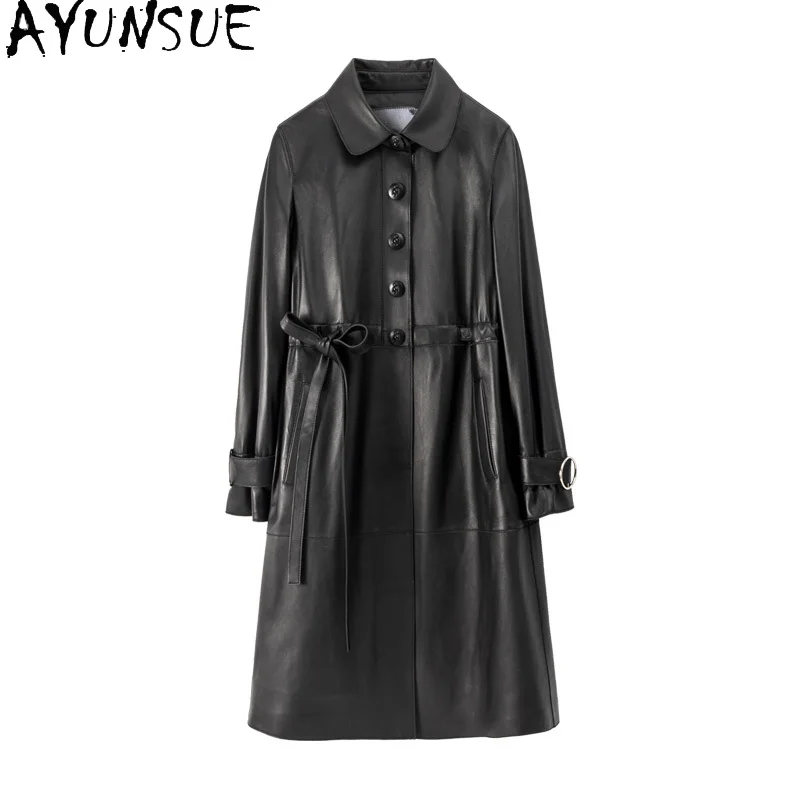 

AYUNSUE Genuine Sheepskin Leather Jacket Women Black Coat Women Luxury Long Coats Trench Coat Autumn Slim Fit Womens Casaco 2024