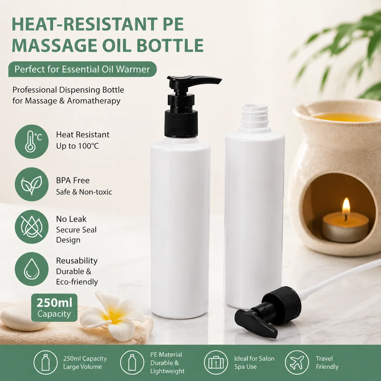 250ml Massage-Spender, wiederverwendbare Gesichtscreme- und Shampoo-Pumpflasche für ätherische Öle, zum Erhitzen, für Reisen, Schwimmen, leicht zu transportieren
