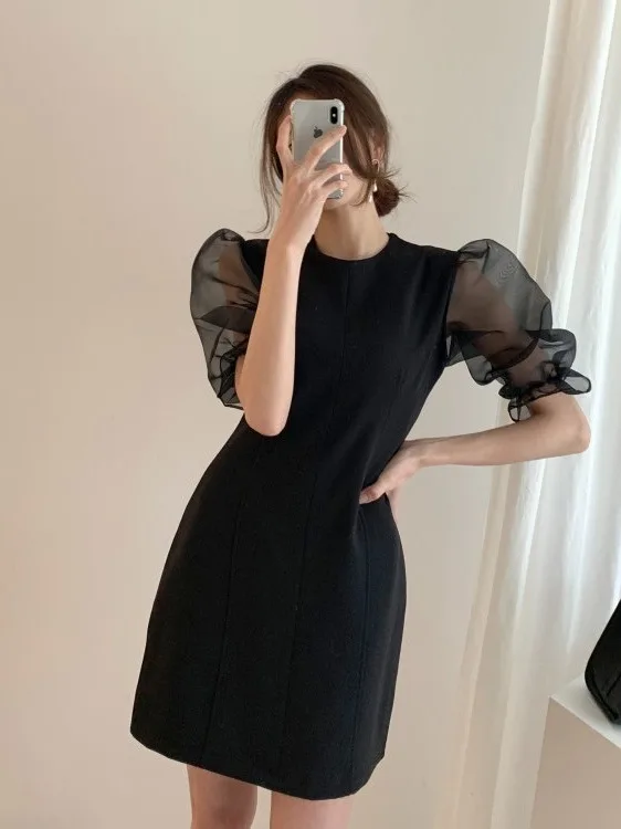 

Hebe Sle Spliced Organza Bubble Sve Dr Women's A-Line ort Skirt Waist-Cinching Summer New Arrival Polyester Fiber