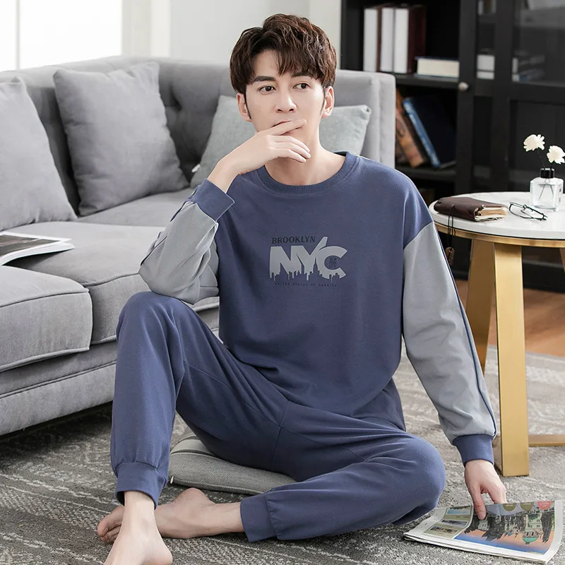 High Quality Pajamas Suit Men Autumn Winter 100% Pure  Cotton Pullover Sleepwear Male Spring Plus Size Loungewear Set Gentlemen