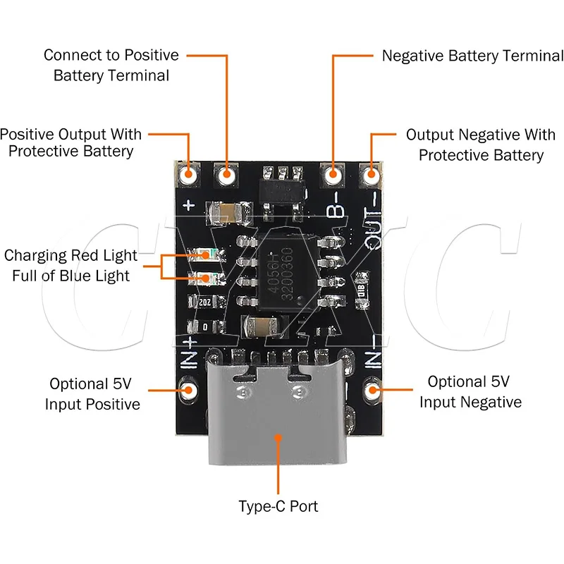 3.7V Lithium Battery Charging Board with Protection Type-C USB C Li-ion Battery Charging Board