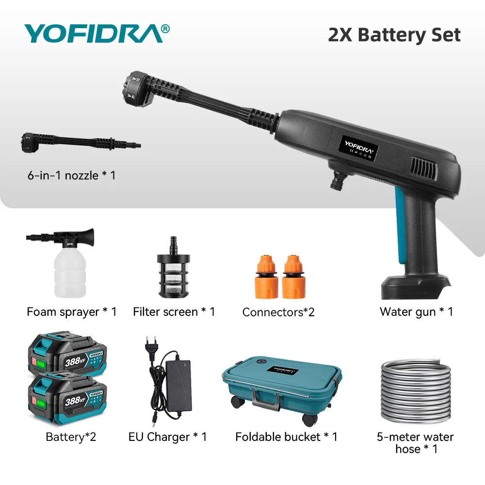 YOFIDRA 6IN1 Hogedruk Elektrisch Waterspuitpistool Auto Tuin Wasmachine Tool Met 22L Opvouwbare Wateremmer Voor Makita Batterij pin
