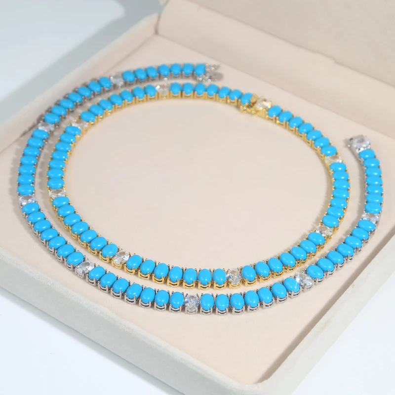 Oval Shaped White CZ Blue Turquoises Stone Tennis Chain 16