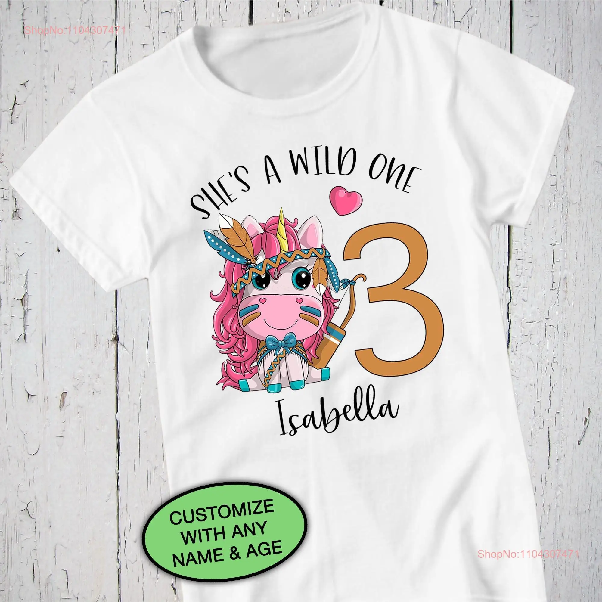 She's A Wild One Unicorn T Shirt 3rd Birthday Toddler Personalized Kid Party Name long or short sleeves