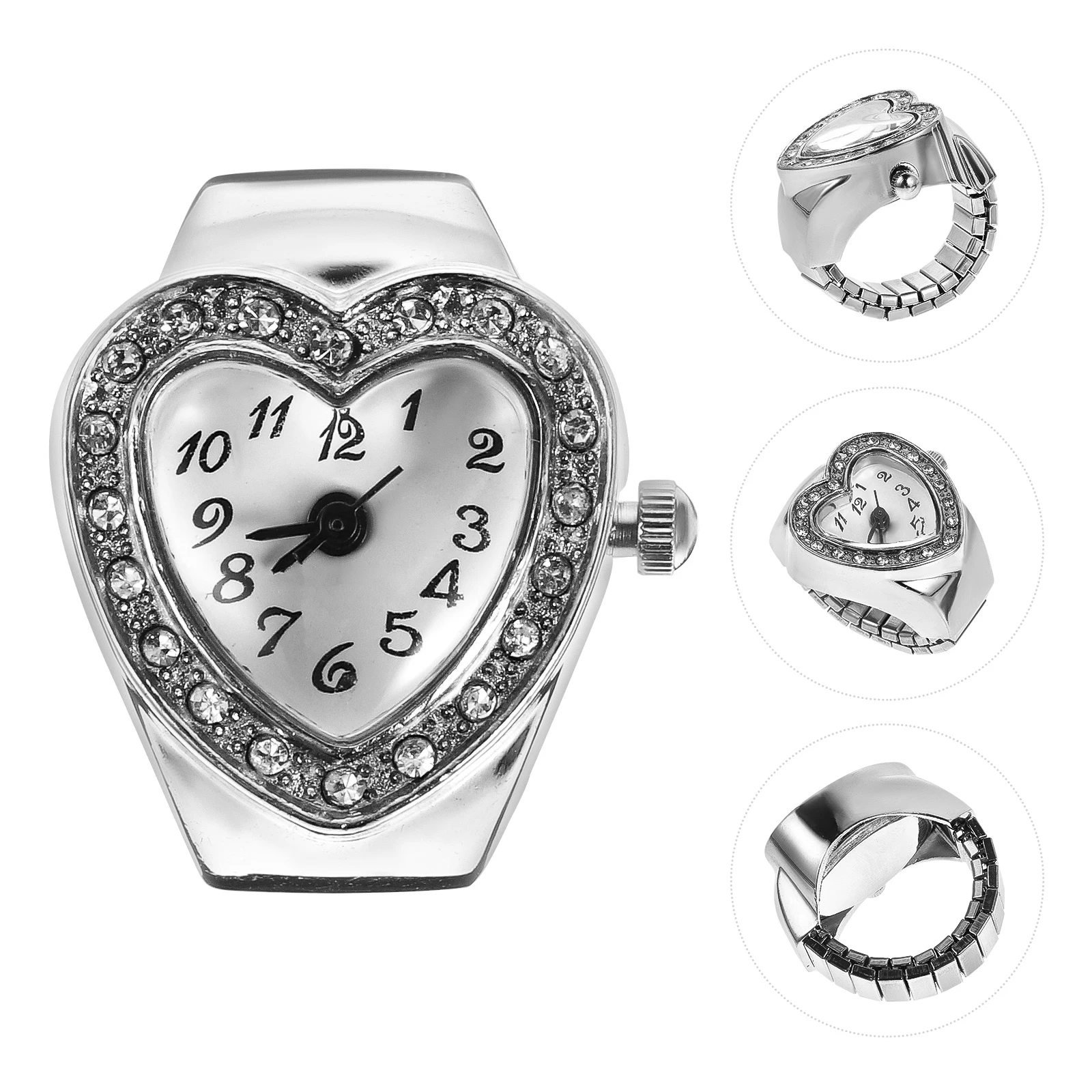 

Finger Watch Peach Heart Watches for Men Women Drilled Alloy Case Casual