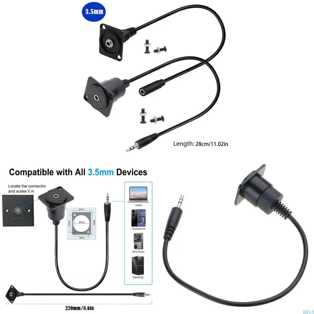 R91A TRS 1/8 Connettore pannello stereo TRS 3,5 mm Cavo da maschio/femmina a femmina attraverso il supporto del pannello per