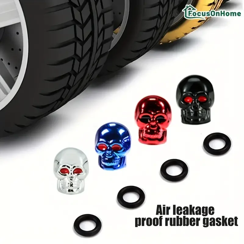 8pcs/set Skull Skeleton Head Car Motorcycle Tire Valve Cap, Plastic Copper Core Rubber Sealing Valve Cap