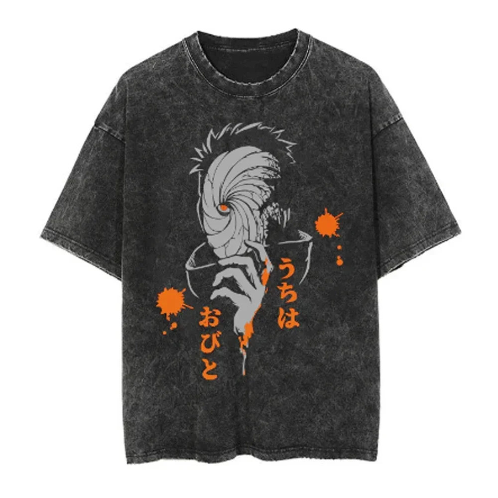 

Men Streetwear Vintage Black Washed T Shirt Harajuku Anime Naruto Print T-Shirt Summer Short Sleeve Cotton Loose Tops Tees