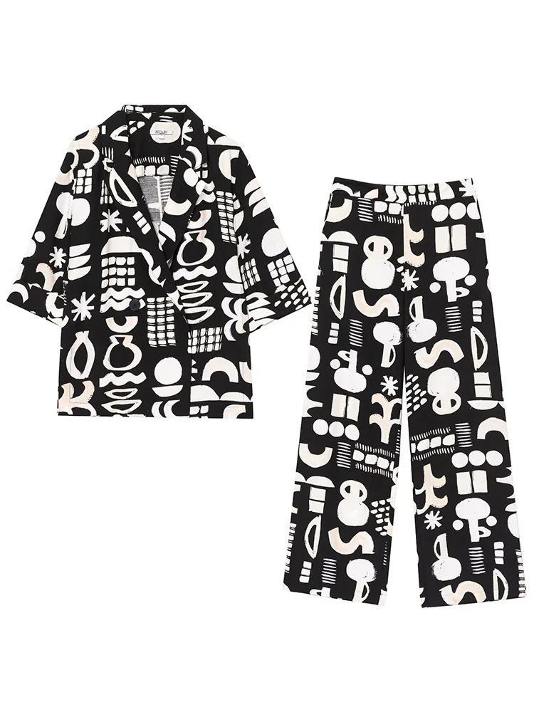 

TFMLN, новый летний женский брючный костюм с принтом, повседневный двубортный костюм с короткими рукавами, пальто, прямые брюки, модные комплекты 2025 г.