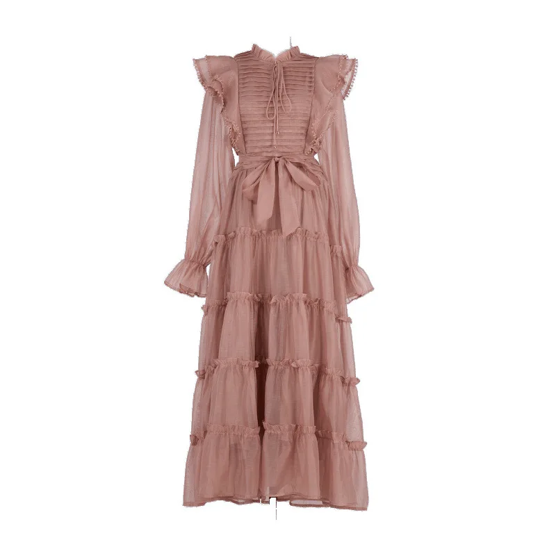 Vestido longo com saia rodada, gola de renda, bainha em camadas, estilo e de bolo, 6 cores, aosfera de conto de fada...