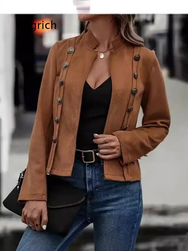 Solid Color Double Breasted Decorative Jacket Retro Long Sleeve Suede Coat For Women Casual Outerwear For Daily Matching