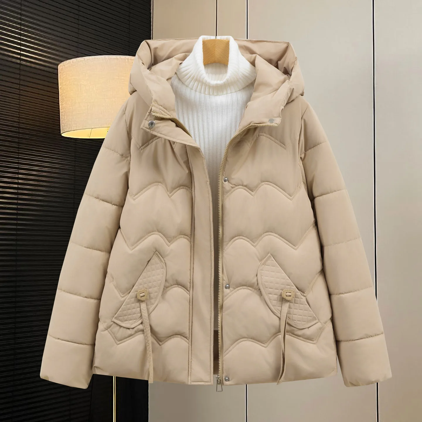 Hooded Women Parkas Coats Short Oversized Jacket Solid Long Sleeves Zipper Thick Straight Office Lady Casual 2025 Autumn Winter
